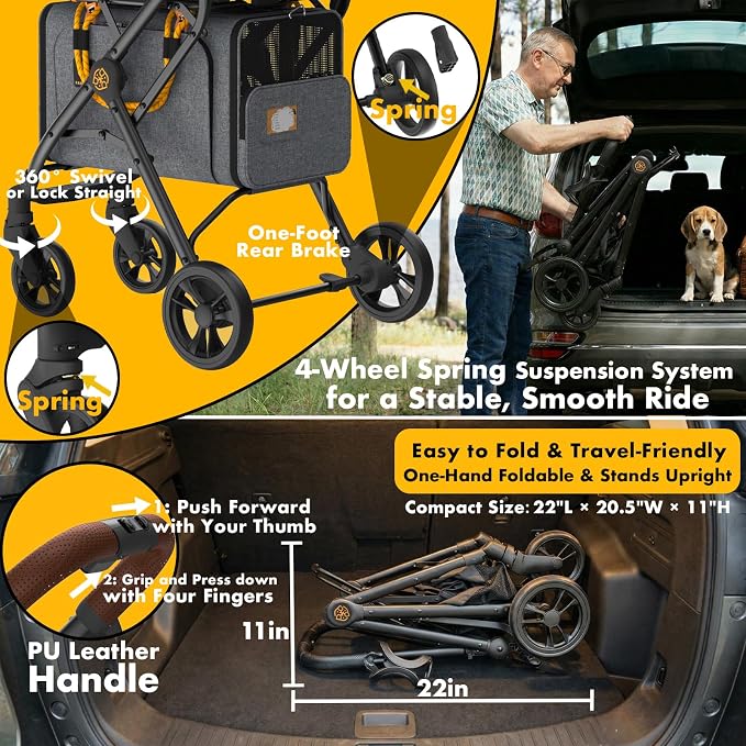 PAWZIDEA Double Pet Stroller with 2 Detachable Carrier, Multifunctional | Portable Travel Crate & Car Seat Combo & TSA-Approved Expandable Carrier, Foldable Jogger Stroller for 2–4 Cats or Small Dogs