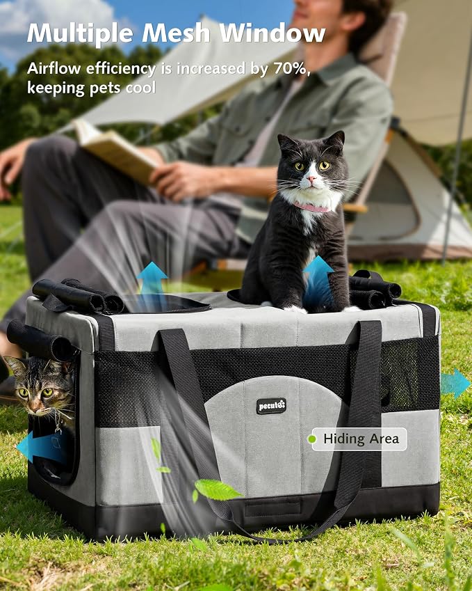 Pecute Large Cat Carrier, Soft Double Pet Crate for 2 Cats Travel, Gray | Anti-Collapse Steel Frame, Convertible Dual Space, Foldable, Polyester Breathable mesh, Up to 26 lbs, Car Travel & Vet Visits