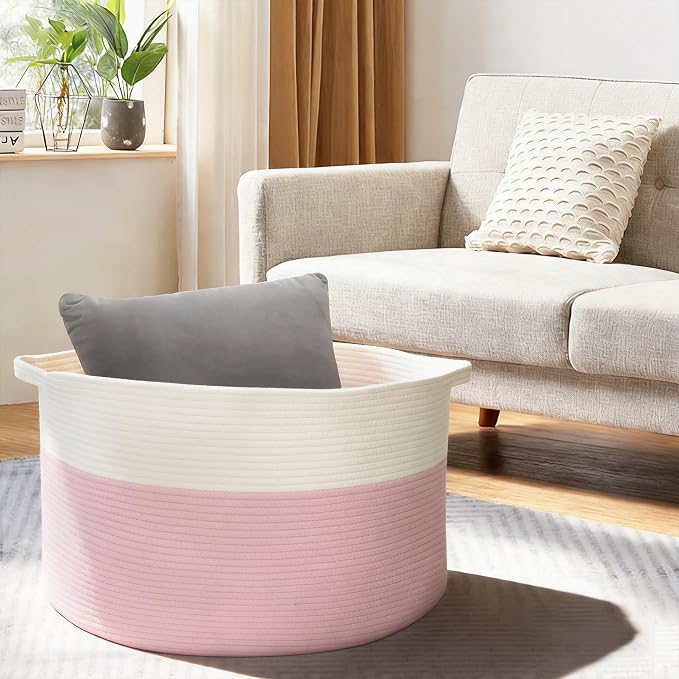 MEGASKET Pink Storage Baskets for Organizing, 22"X22"X14" XXXL Blanket Basket Living Room, Large Toy Basket, Soft Pink Cotton Rope Woven Baskets for Storage, Decorative Gifts Basket Bins for Nursery