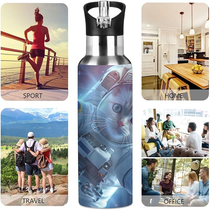 Astronaut Cat in Space Water Bottle with Straw Lid Kids Insulated Stainless Steel Water Flask Sports, 20 Oz Hot Cold