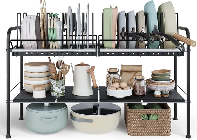 Expandable Under Sink Organizer，Pot and pan Organizer Under Cabinet | Pan Lid Organizer,Expandable Storage shelf with 2 Pan Racks（14 Dividers）and 4 Removable Panels,Adjustable partition height