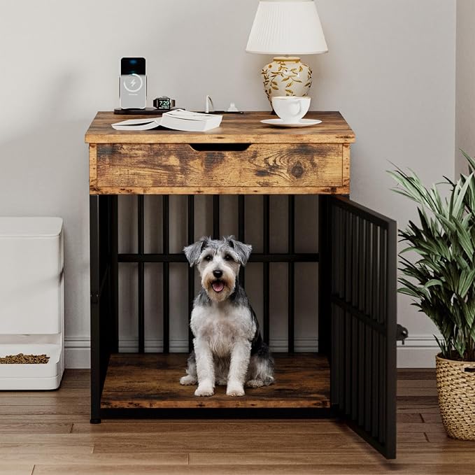 IRONCK Dog Crate Furniture for Small Dogs, Rustic Brown | Wooden Dog Kennel with Flip Top Drawer, Indoor Pet Crate End Table with Charging Station, Steel-Tube Dog Cage