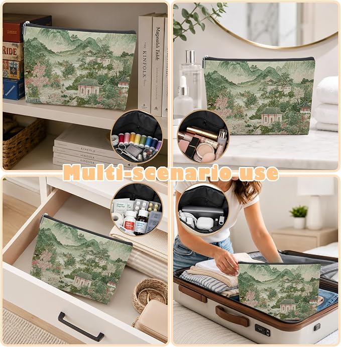 Green Chinoiserie Empty Mahjong Tile Bag 13x7.8 Inch, | Chinoiserie Portable Travel Case Organizer Zipper Pouch for American Mahjong Tiles Game Night Accessories and Gifts
