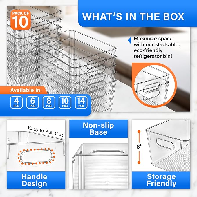 Lifemaster Stackable Refrigerator Bins - Set of 10 Large Capacity Organizers with Easy Grip Handles - Clear and Versatile for Kitchen Storage