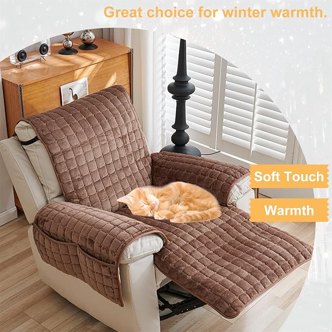 Polyester Flannel Recliner Cover, Non-Slip with 2 Side Pockets | Soft short-pile polyester with silicone backing guards armrests from pet scratches; thick one-piece cover, machine washable.