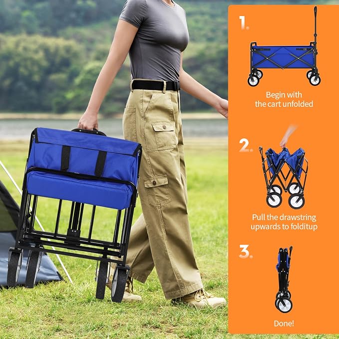Collapsible Folding Wagon Garden Cart Beach Wagon Grocery Wagon All-Terrain Wheels Garden Grocery Wagon for Shopping Park Picnic, Beach Trip, Outdoor Activities, Camping (Blue)