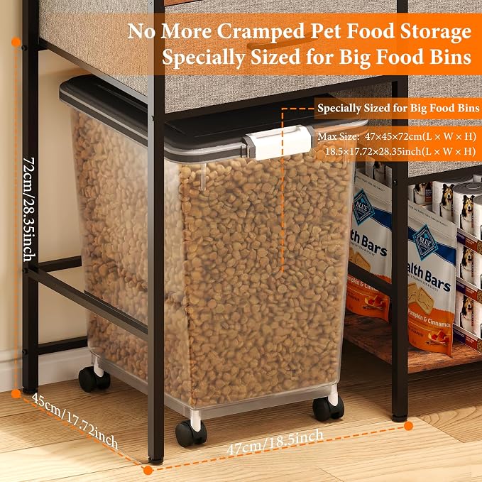 Extra Large Pet Storage Rack, Dog Food Storage Station with 3 Multi-Purpose Drawers & Side Hooks, Industrial Furniture Style Pet Supply Organizer, Fits Big Rolling Food Bins, Grey & Black