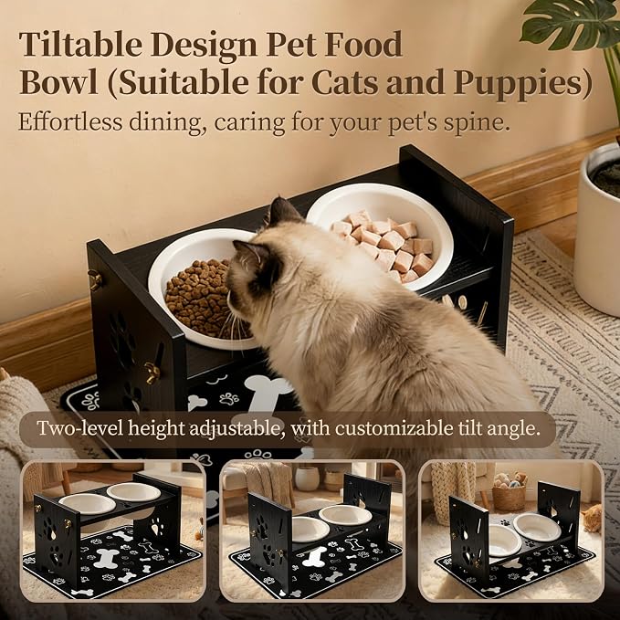 2026 New Elevated Cat Bowls with Food Mat, Adjustable Height & Angle Raised Cat & Dog Bowls Stand for Food and Water, Cat or Small Dog Feeding Station, 2 Ceramic Bowls for Cats and Puppy(Black Wood)