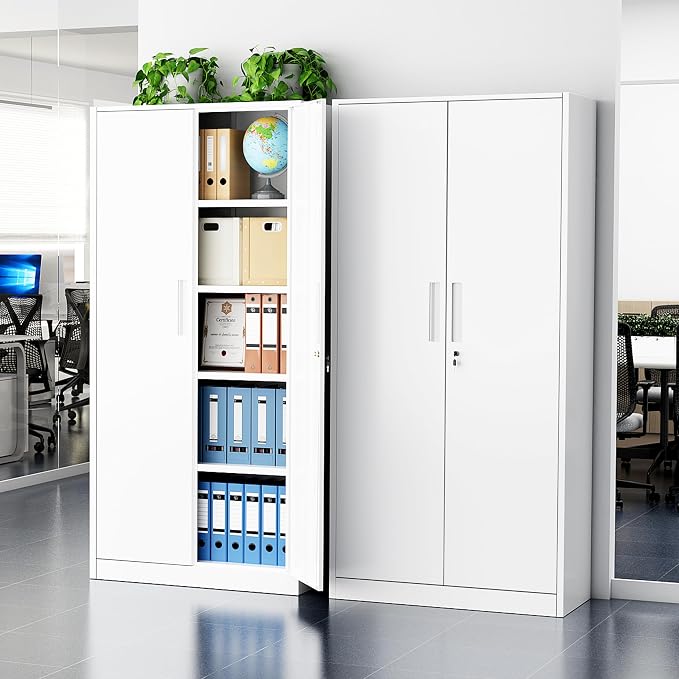 Greenvelly White Metal Storage Cabinet, 72" Locking Storage Cabinets with Doors and 4 Shelves, Tall Tool Storage Cabinet for Garage, Steel Lockable File Cabinet Metal Locker for Home Office, Classroom