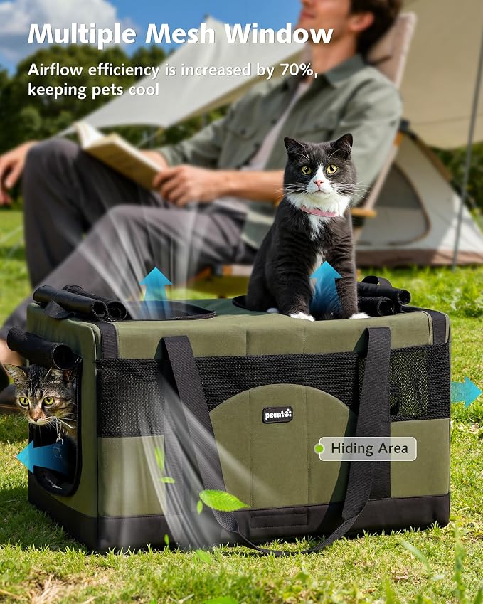 Pecute Large Cat Carrier, Soft Double Pet Crate for 2 Cats Travel, Green | Anti-Collapse Steel Frame, Convertible Dual Space, Foldable, Polyester Breathable mesh, Up to 26 lbs, Car Travel & Vet Visits