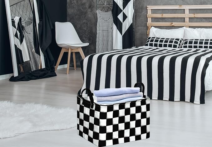 Rectang Checkered Flag Storage Basket Gift Shelf Basket Storage Bin, Nursery Basket Organizer Box for With Handles for Room Deco