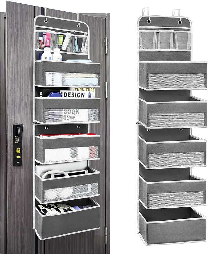Over the Door Organizer with 10 Side Mesh Pockets,6 Shelf | 4 Shelf Capacity Hanging Behind the Door Kitchen Organizers&Storage Suitable for Storing Toys, Shoes, Towels, Dark Grey