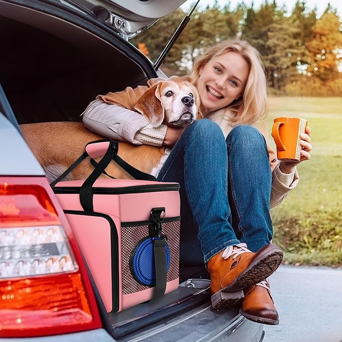 6 Set Dog Travel Bag, Large Pet Travel Kit for Supplies, Pink | Includes 2 Food Containers, 1 Pet Organizer for Dogs, 2 Collapsible Bowls, 1 Treat Pouch, Dog Weekend Overnight Bag Luggage
