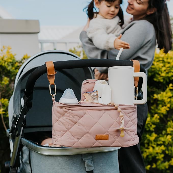 Beautiful Stroller Caddy Organizer With 2 Cup Holders - Zipper Pocket Bag | Luxury Stroller Bag with Universal Fit and Leather Straps - Spacious Accessories Perfectly Fits Doona, Nuna and Uppababy