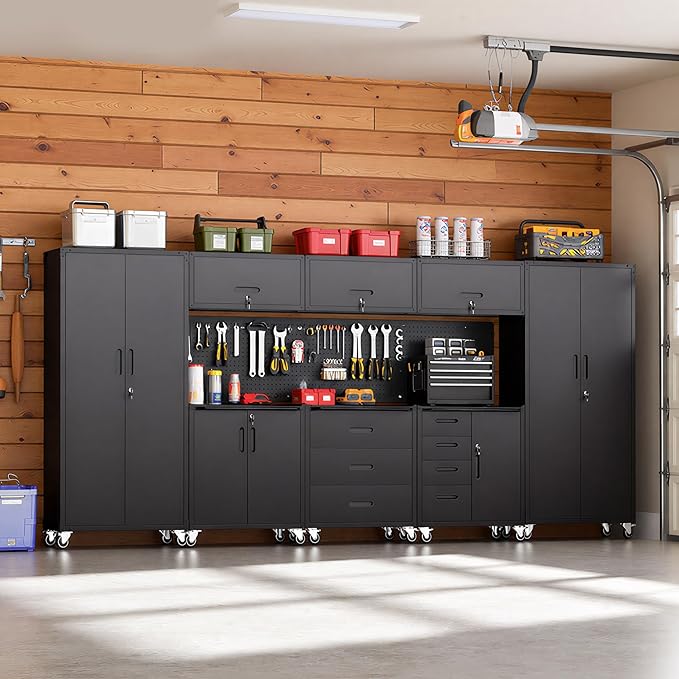 Garage Cabinet System | Heavy Duty Steel All-in-One Modular Garage Cabinet Set for Ultimate Workshop Organization | Easy Assembly Garage Storage Cabinets & Tool Bench