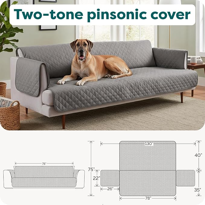 FurHaven Water-Resistant Sofa Cover for Dogs & Cats, Reversible Couch Protector with Secure Straps and Pinsonic Quilted Fabric, Machine Washable Couch Cover, XL Sofa, Gray Mist