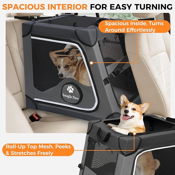Snagle Paw Dog Car Crate for Back Seat, Portable, Medium, Gray | 3-point seat securement, breathable mesh, feeding windows, folds flat, for road trips, camping and vet visits