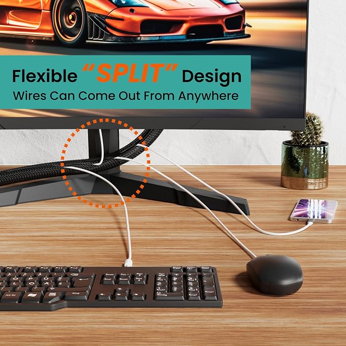 CableGeeker Braided Cable Management Sleeve, 25 ft (300 in), 1/2 in, Black | Expandable Split PET Braid, Self-Closing Design for TV, PC, USB and Ethernet Cables, Protect Pets Kids