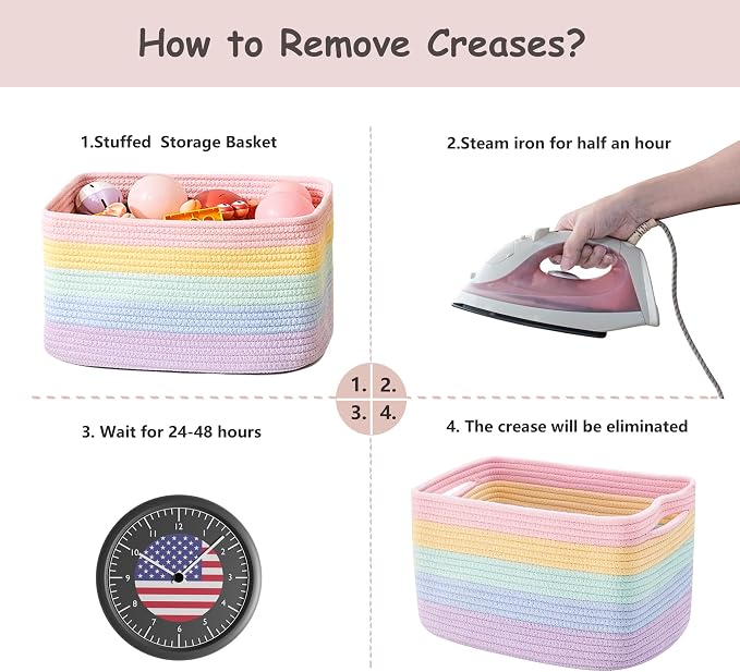Rainbow Rope Basket for Shelves Storage Bins for Toys 4 Pack | Woven Rectangle Storage Basket for Baby Girl Nursery Toy Storage for Playroom, Classroom, or Girls' Room 12.7"L x 9"W x 7.8"H