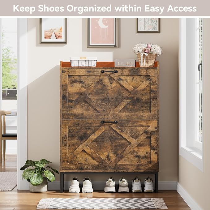 Shoe Storage Cabinet with 2 Flip Drawers, Freestanding Wood Shoe Organizer with Metal Legs, Farmhouse Slim Shoe Rack for Entryway, Foyer, Hallway, Rustic Brown