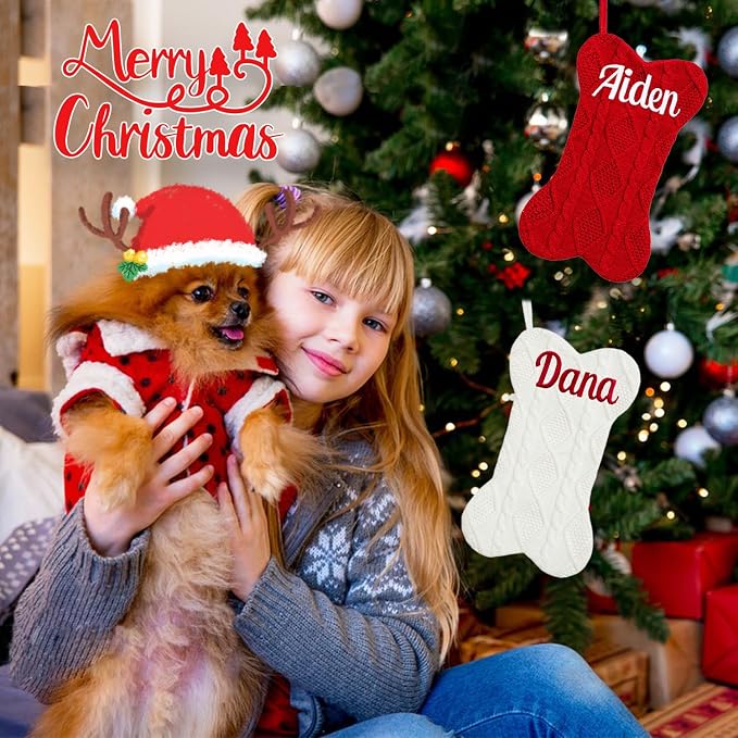Personalized Pet Christmas Stocking,18 inch Custom Name Knit Christmas Stockings for Dog，Large Rhombic Bone Pet Xmas Stockings (4pc)