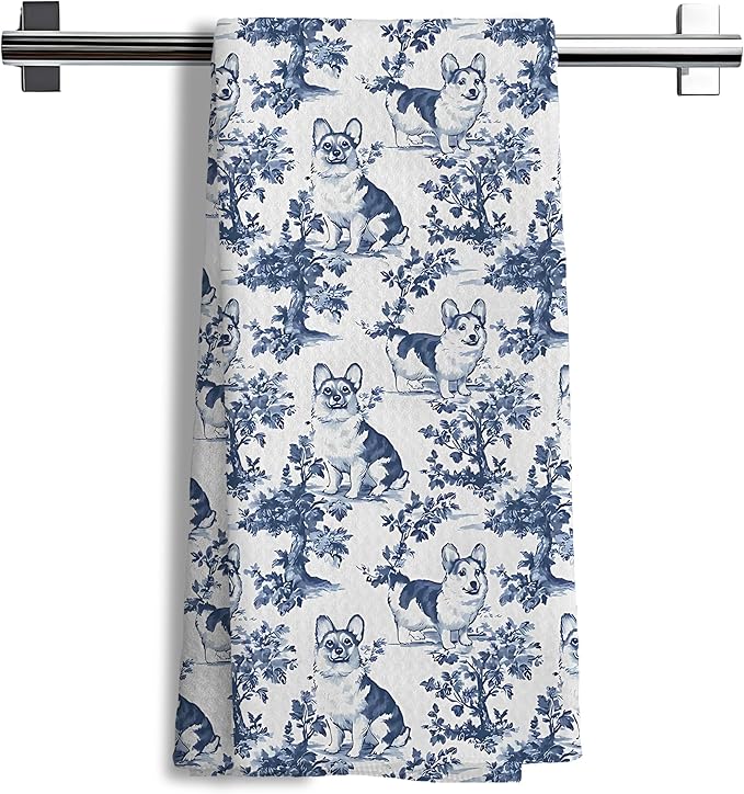 Chinoiserie Corgi Kitchen Towels, Blue and White Floral Botanical Grandmillennial Dog Decor Dish Tea Towels, Corgi Gifts Hand Towels for Kitchen Bathroom, 16x24 Inch