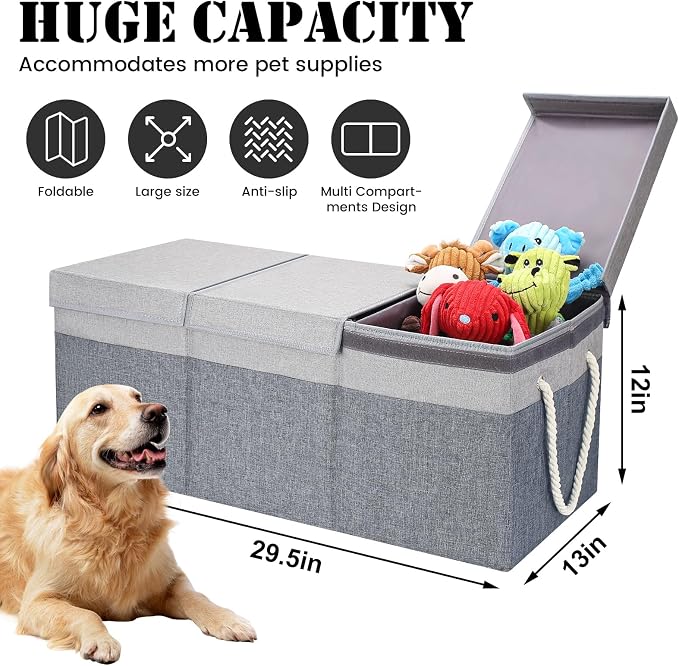 Extra Large Dog Toy Storage Basket with Lid and Handle for Living Room Area | 29.5" Fabric Dog Toy Box, Collapsible Basket for Dog Toys, Organizers and Storage with Hard Board, Anti-slip for Pet Supplies