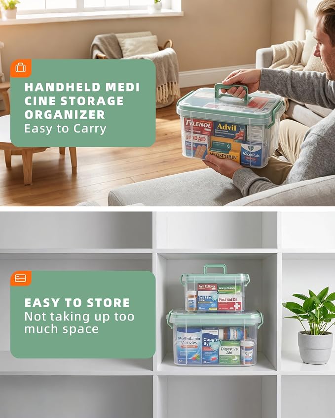 2 Pack Clear Medicine Storage Box with Removable Tray, Large & Small Size Thickened Empty First Aid Box with Carry Handle, Multipurpose Portable Medication Organizer for Home Travel Car Camping