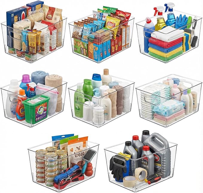 MOONEDGE 8 Pack Clear Plastic Storage Bins 12x8x6in Pantry Organizer | Large Pantry Storage Bins, Cabinet Containers for Under-Sink Storage, Kitchen, Fridge, Bathroom and Home Organization