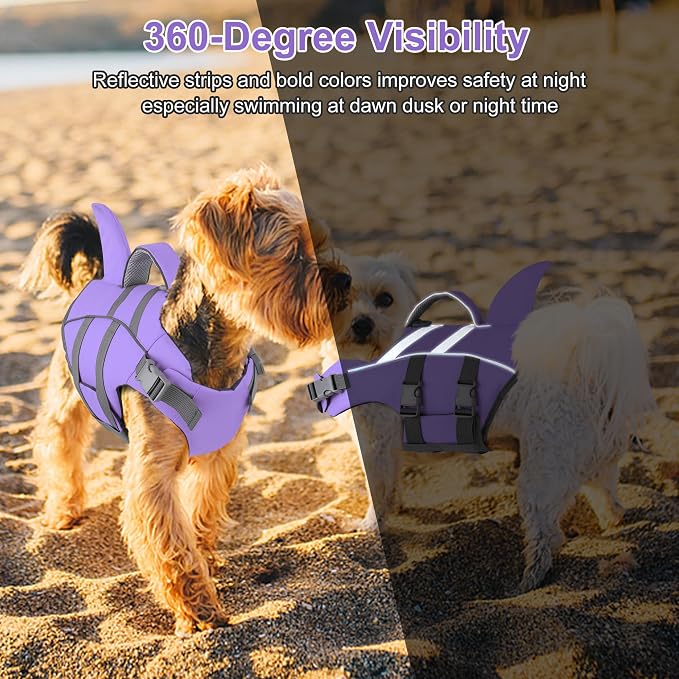 Dogcheer Swim Dog Life Jacket Shark, Life Vest for Dogs- Tar. Purple,XL | High Buoyancy, Harness-Style, Rescue Handle, Adjustable Fit, Reflective, Swimming & Boating, Puppy Small Medium Large Dogs