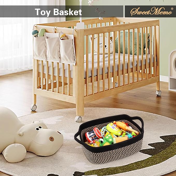 Gift Basket Empty with Handles, 12x8x5 inch - Small Woven Basket for Baby Nursery, Toys, Towels, Wedding, Birthday Gifting - With Gift Bag & Ribbon (Black Brown, 1PC)