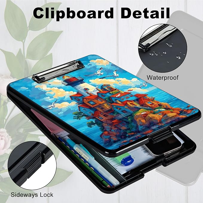 Heavy Duty Storage Clipboard, Slim Nursing Clipboard with Internal Pen Case, Portable File Organizer Case for A4 Letter Size Paper Office Medical Professionals, Blue Sky Castle