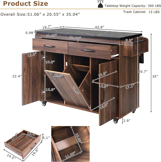 51" Kitchen Island with Trash Can - Rolling Kitchen Island on Wheels with Storage, Farmhouse Movable Kitchen Storage Islands & Carts with Drop Leaf, Marble Texture Wood Top, Walnut Brown