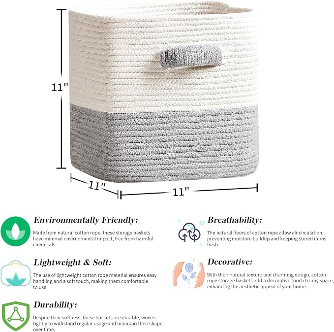 R RUNKA Storage Cube Baskets for Organizing- 3 Pack- 11 inch Square Baskets for Cube Storage, Closet Storage Bins- Woven Cube Storage Bins for Shelves- Ideal for Toy Storage |White & Grey