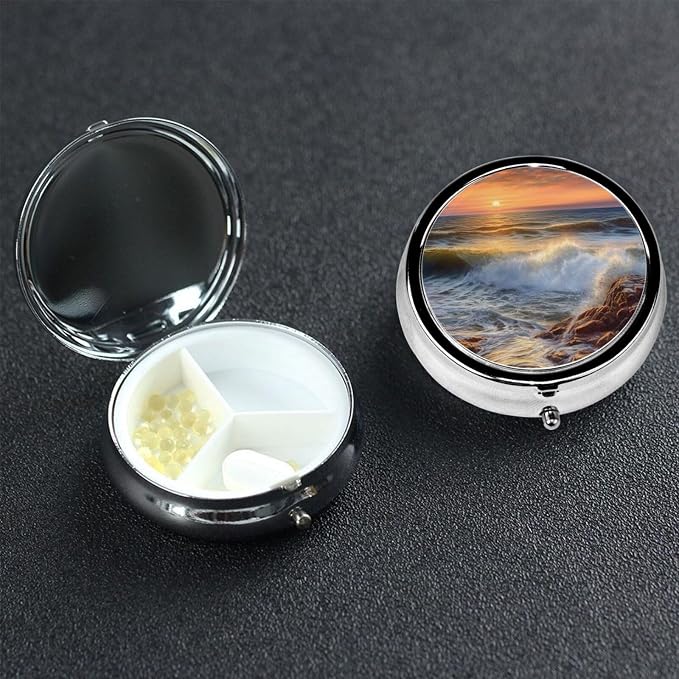 Round Pill Box Rocky Wave Sunset Painting Pill Case for Purse & Pocket 3 Compartment Pill Organizer Portable Travel Pillbox Medicine Pill Holder Container for Daily Vitamin Cod Liver Oil Storage