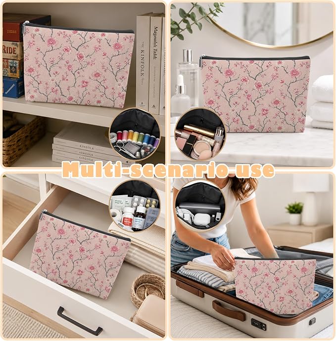 Pink Japanese Cherry Blossom Empty Mahjong Tile Bag 13x7.8in | Pink Floral Aesthetic Printed Portable Organizer Zipper Pouch for American Mahjong Tiles Accessories and Gifts