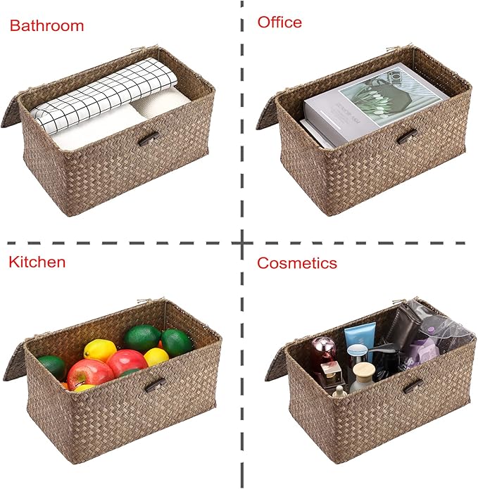 Hipiwe Wicker Shelf Baskets Storage Bin with Lid Handwoven Seagrass Basket | Rectangular Household Basket Boxes for Shelf Wardrobe Home Organizer, Coffee Medium