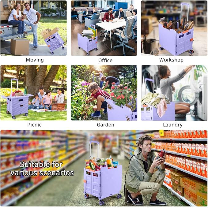 Foldable Utility Cart Collapsible Portable Crate Rolling Carts with Wheels Tote Basket with Magnetic Lid Telescopic Cover Wear-Resistant 360°Rotate Wheel Noiseless for Shopping Storage Office Use