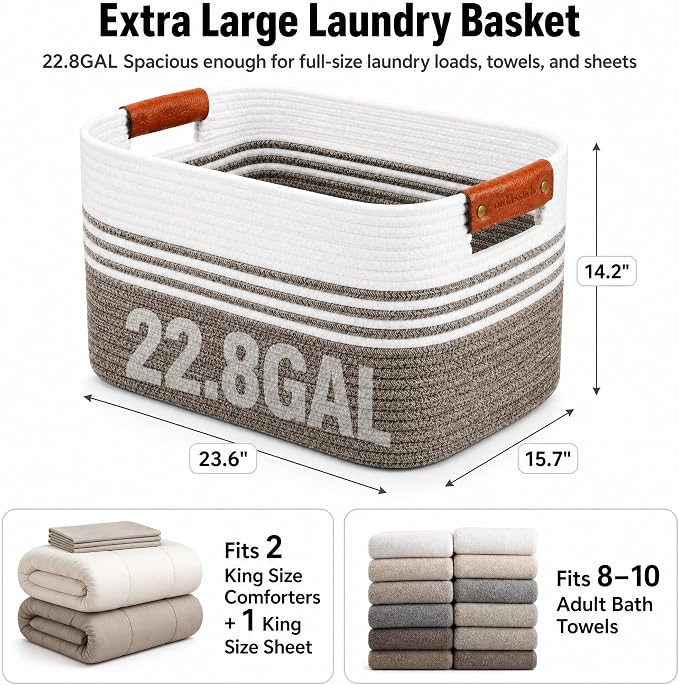 Cotton Rope Laundry Basket Extra Large, 22.8GAL Collapsible Woven Storage Baskets for Living Room Kids Toys Stuffed Animal,Boho Rectangular Decorative Hamper for Dirty Clothes, Blankets Dark Brown