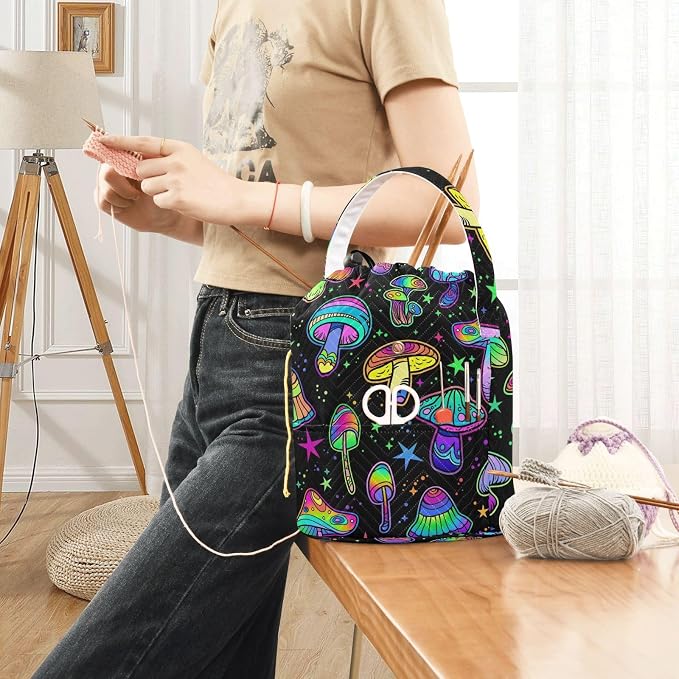 Fustylead Colorful Psychedelic Mushrooms Yarn Knitting Crochet Drawstring Bag with Customized Front Compartment, Portable Large Storage Basket for Crocheting Project, Kit, Yarn Ball, Needles