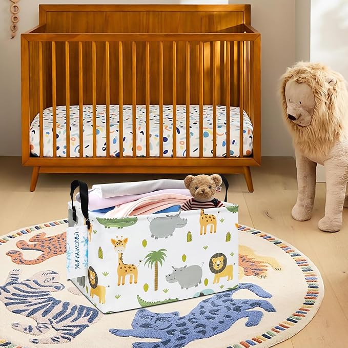 Rectangular Collapsible Animal Storage Basket Nursery Organizer | Storage Bin Foldable Canvas with Handles for Organizing Home Kitchen Children Toys Office Closet Shelf Baskets
