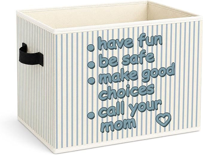 Have Fun Be Safe Storage Bin, Blue White Stripe Fabric Basket Organizer | Foldable collapsible fabric organizer for dorm room, bedroom, classroom, playroom, toys, books, clothes