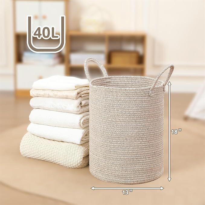 40L Woven Laundry Basket Hamper, 100% Natural Cotton Rope, Handwoven & Durable, Storage for Blankets, Toys, Clothes, Decorative Nursery Hamper for Living Room, Baby Room, Bedroom (Brown and White)