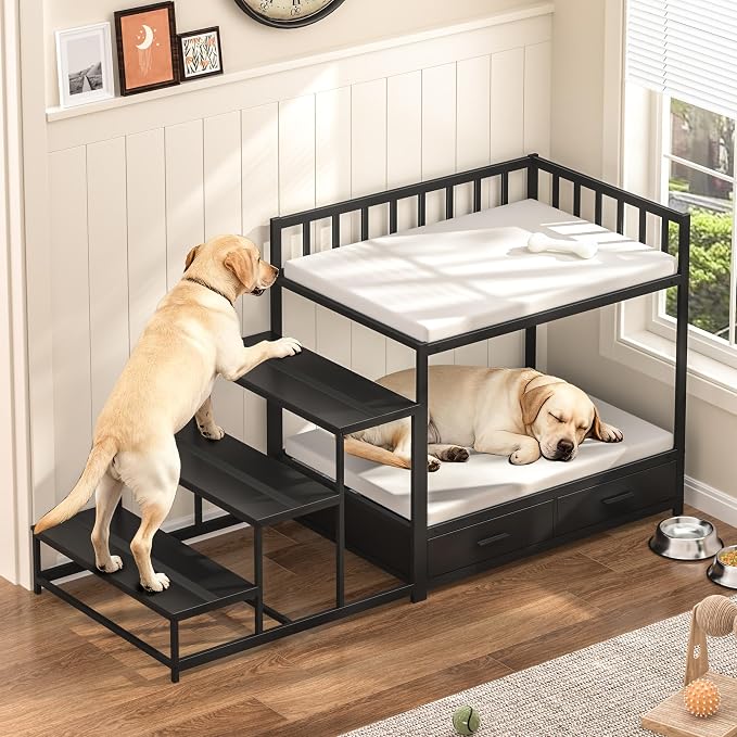 GDLF Dog Bunk Bed for Large Dogs with Stairs and Storage, Non-Slip Surfaces | Ideal for bedrooms, windows, and bedside lounging, with storage drawers and non-slip surfaces.