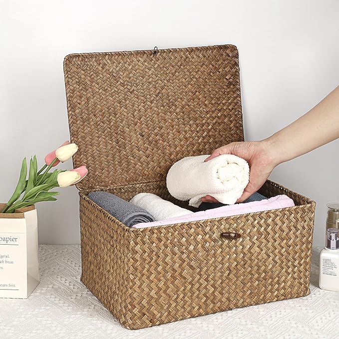 Hipiwe Wicker Shelf Baskets Bin with Lid Woven Storage Box, Coffee X-Large | Handmade Seagrass Basket Storage Bins Rectangular Household Basket Boxes for Shelf Wardrobe Home Organizer