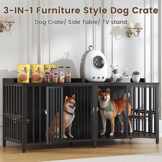BOINN 78 Inch Dog Crate, Large Dog Crate for 2 Dogs, Dog Kennel Indoor for Large/Medium Dogs with Top Access Door, XL Wooden Dog Cage with 360 Degree Rotatable Stainless Bowls, Heavy Duty Steel Frame