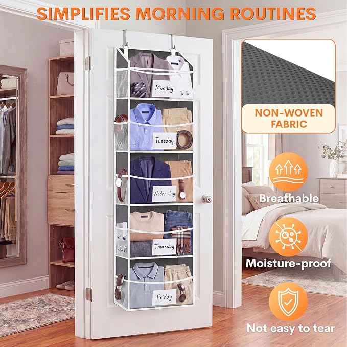 5Tiers Over Door Organizer, Weekly Clothes Organizer for Kids | 5 clear PVC front pockets, 10 mesh side pockets, weekly outfit planner, for kids, dorm, entryway, RV, 50 lbs capacity