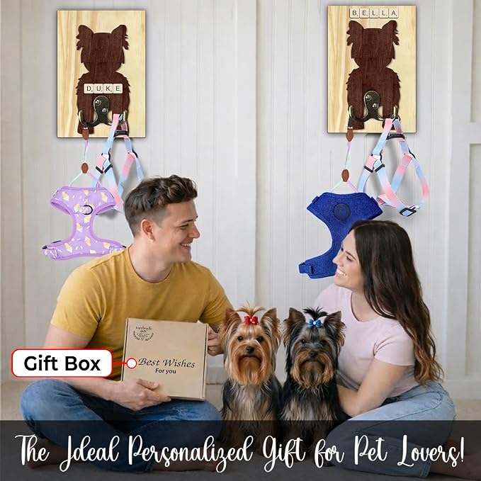 Yorkshire Terrier Dog Leash Holder Wall Mount with Scrabble Letters, Wooden Dog Wall Hook Organizer, Pet Collar & Harness Holder Entryway, Key Hook Leash Rack, Gift for Pet Lovers, Home Decor PF297-73