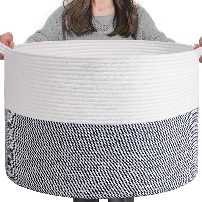 INDRESSME XXXLarge Woven Rope Blanket Basket Living Room Navy, 90L | 21.7" x 13.8" Storage baskets for toys laundry & pillows. Fits living room, bedroom or nursery décor. Soft-touch with handles