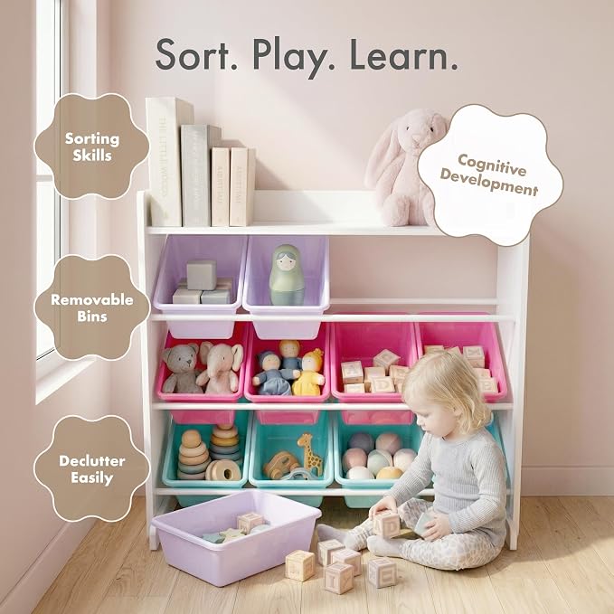Humble Crew Kids Toy Organizer with Display Shelf, 9 Bins, 3 Tier Storage | Sturdy wood and steel toddler shelf, removable BPA-free containers, wall anchor anti-tip safety kit for bedroom or classroom